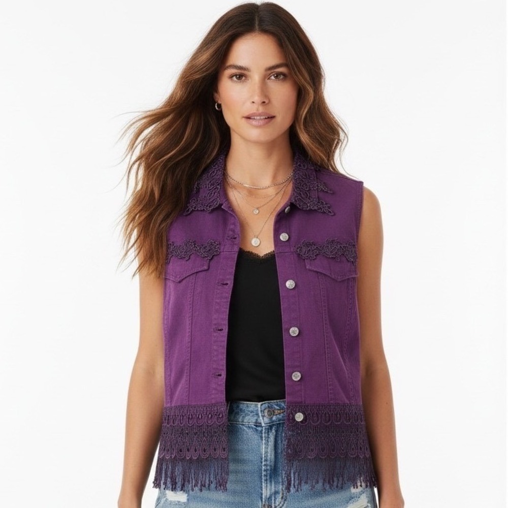 Vintage 90s Boho Medium Lace Cotton Denim Vest Purple Fringe Festival Fairy Goth - Picture 2 of 10